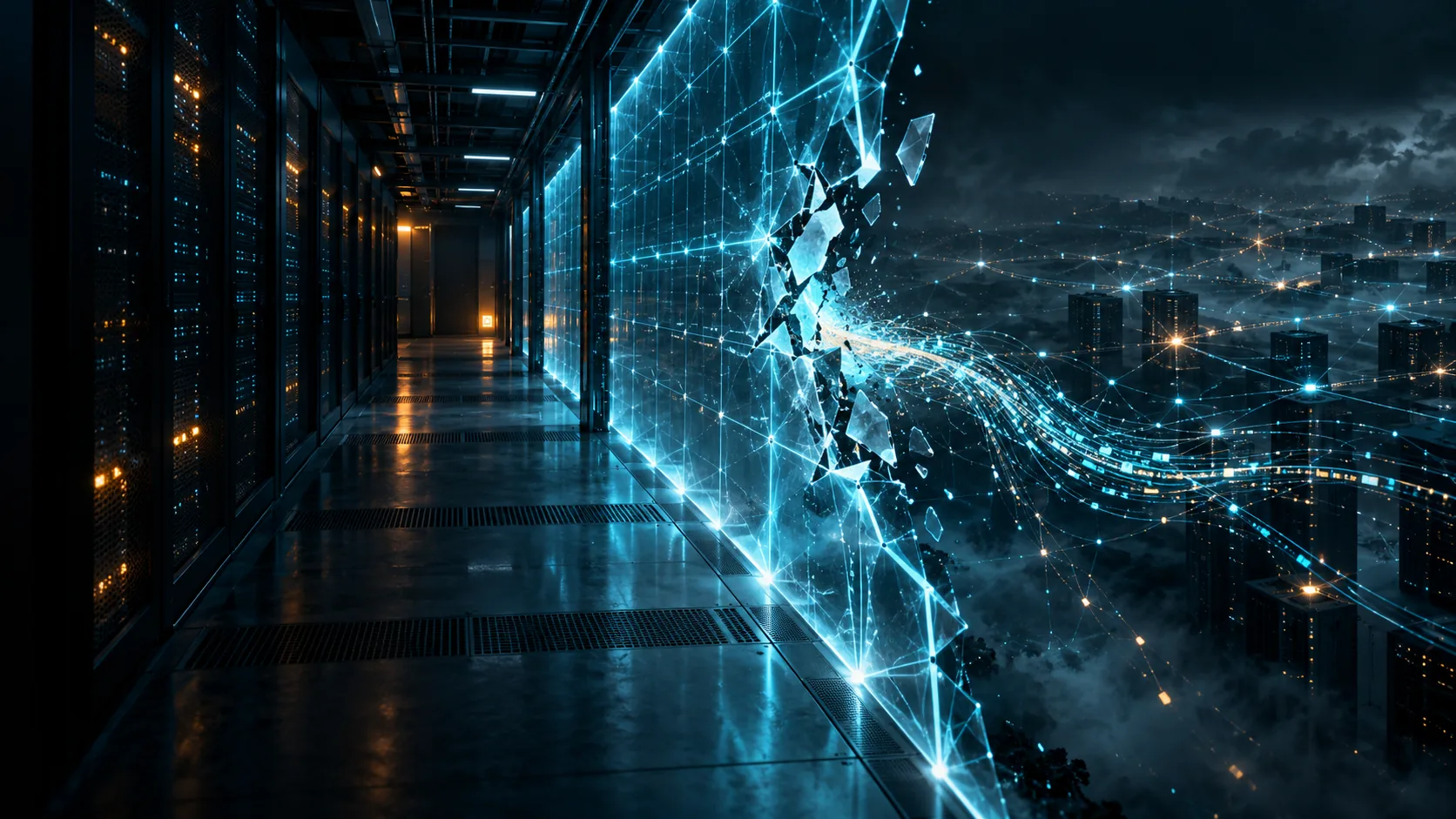 Illustrasjon av en lysende digital sikkerhetsgrense som brytes, med datasystemer på begge sider