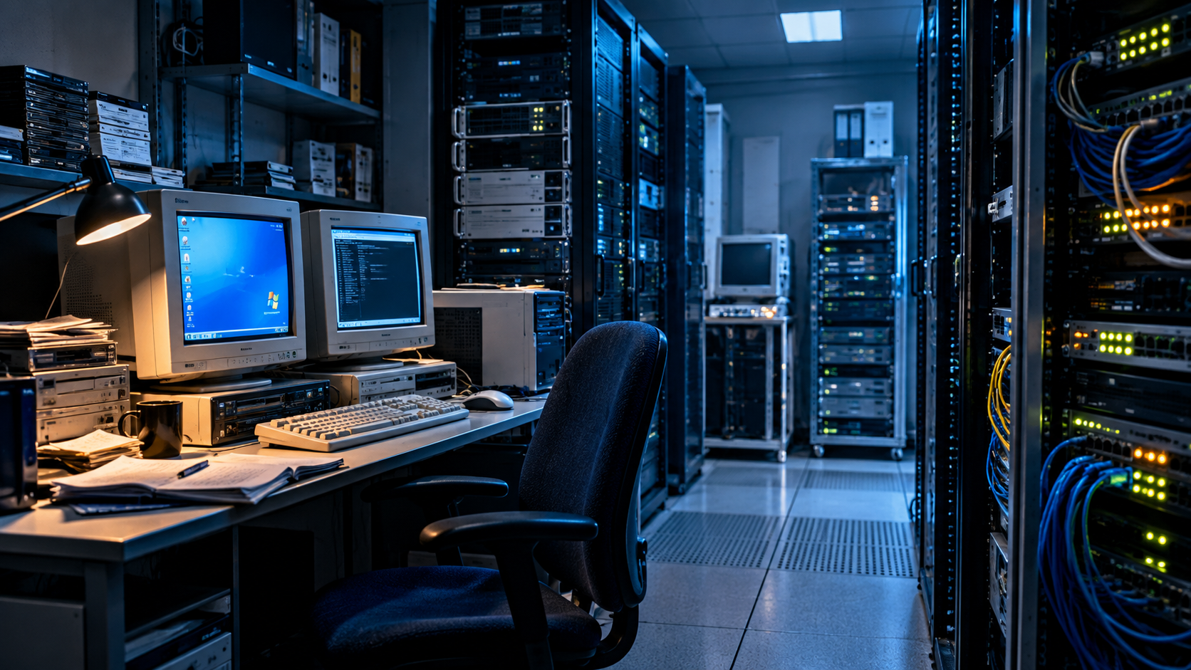 Illustrasjon av IT-miljøet ved starten av teknologireisen, med CRT-skjermer, arbeidsstasjoner og servere.