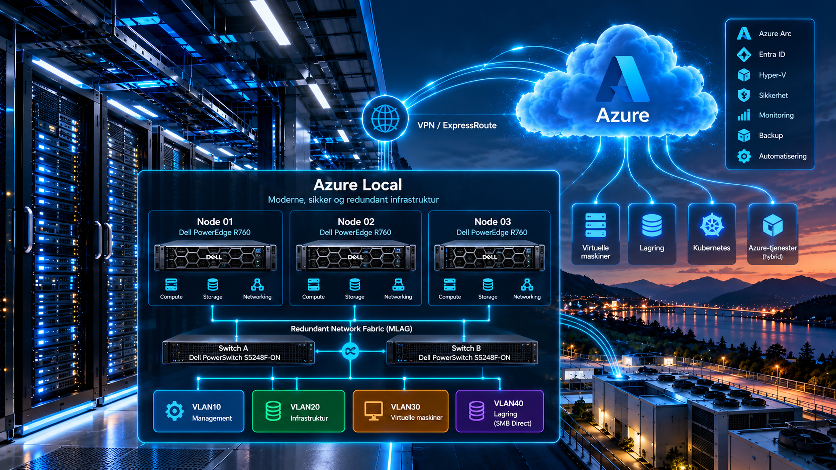 Illustrasjon av moderne Azure Local-infrastruktur med tre noder, redundant nettverk og Azure-integrasjon